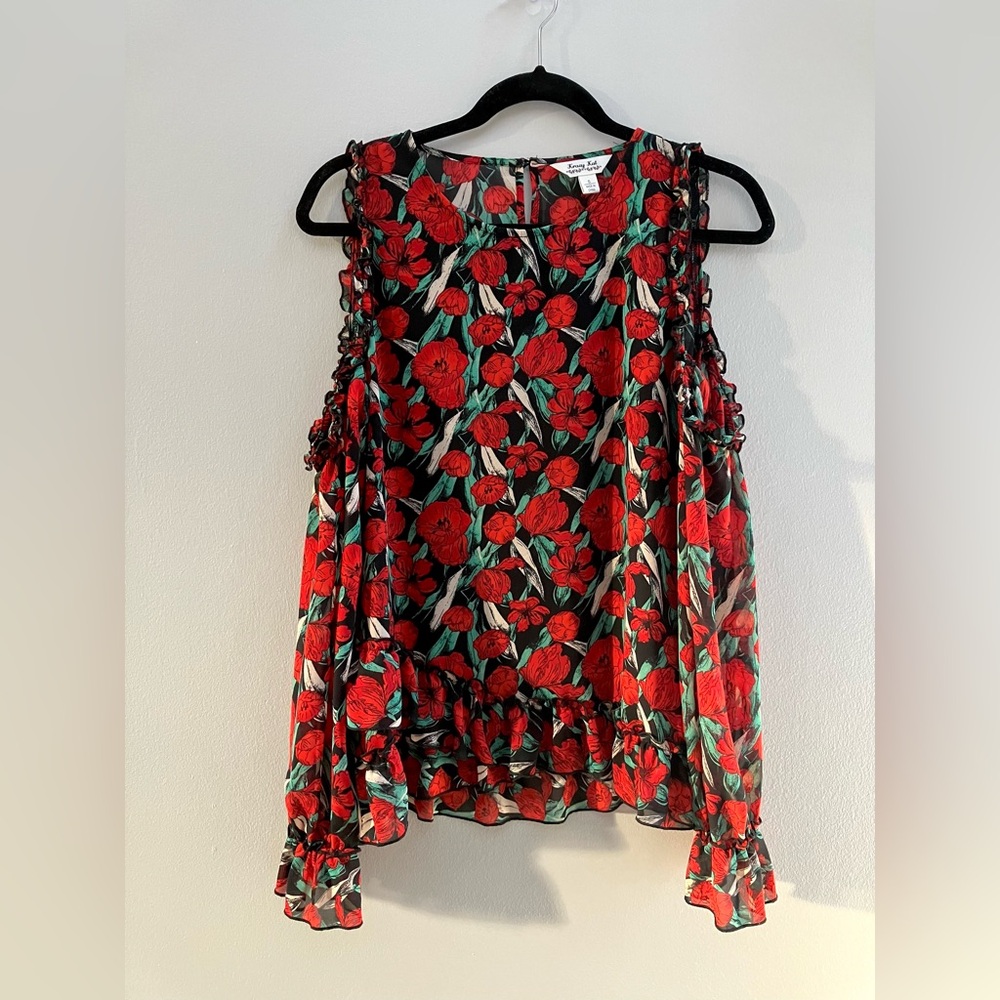 Krazy Kat Cold Shoulder Floral Chiffon Top Women’s Size S Red Long Sleeve Blouse